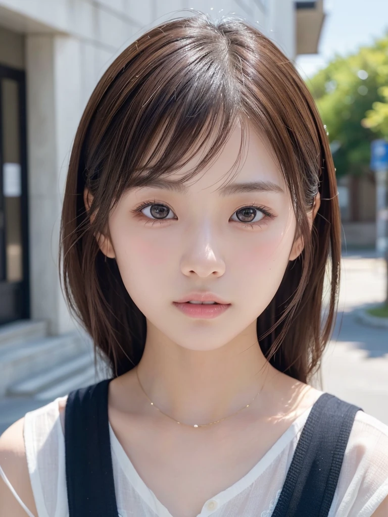 ((frontの顔、Face only、cute日本の女の子、Beautiful Japanese Girl、One girl、19 years old、ponytail、Highly detailed face and skin texture、Ultra detailed face、Ultra-detailed eyes、鬠红、blush、front、 cute、Highly detailed face and skin texture、Smooth white skin、Translucent skin texture、))、(Dark Brown Hair)、looking at the camera、Sharp Focus：1.2、Beautiful woman with perfect style：1.4、Japanese Model、((Highest quality、8K、masterpiece:1.5、１Photos))、(4K、RAW Photos、Highest quality)、Place people across the entire screen、Natural light、professional lighting、(Realistic、フォトRealistic:1.5)、 