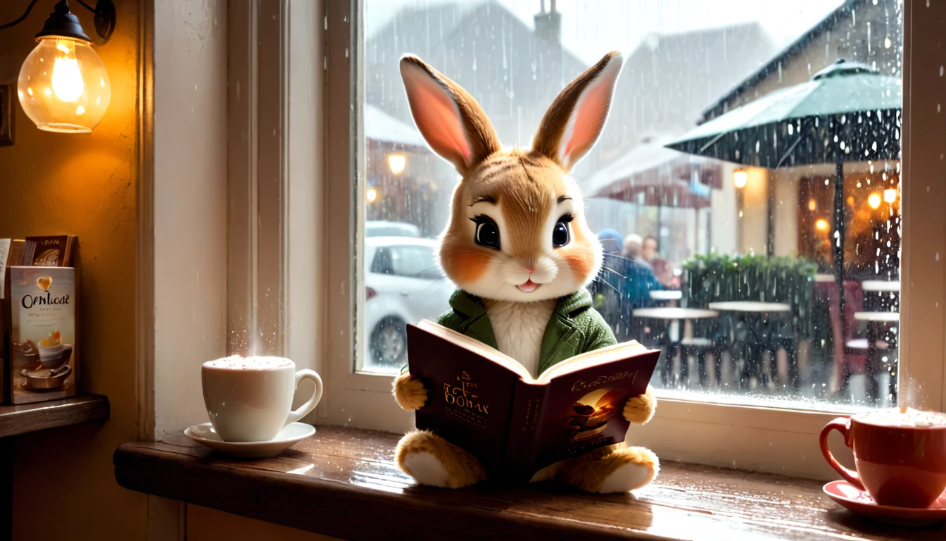 It's raining outside. A scene from a cafe with a warm atmosphere. An anthropomorphized baby rabbit is reading a book while drinking hot chocolate at a window seat. The warm light and calm expression are impressive.