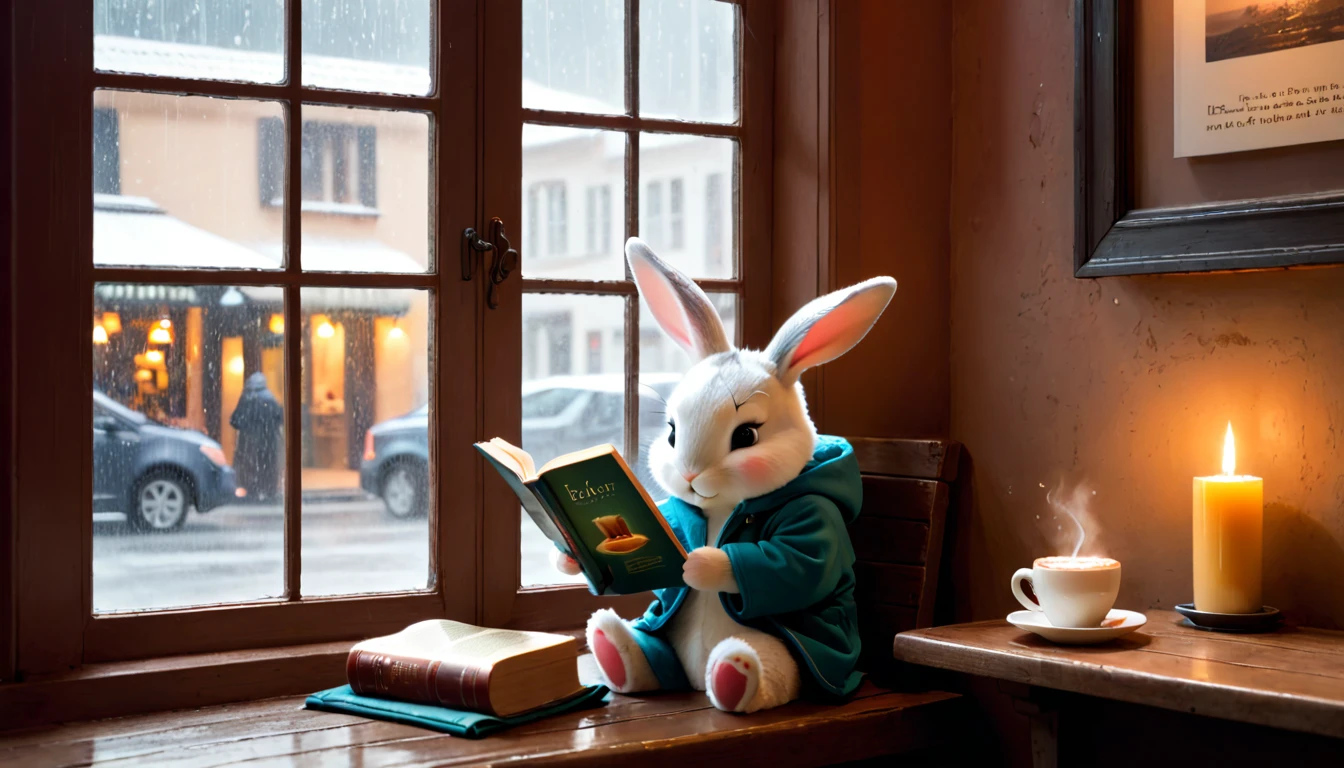 It's raining outside. A scene from a cafe with a warm atmosphere. An anthropomorphized baby rabbit is reading a book while drinking hot chocolate at a window seat. The warm light and calm expression are impressive.