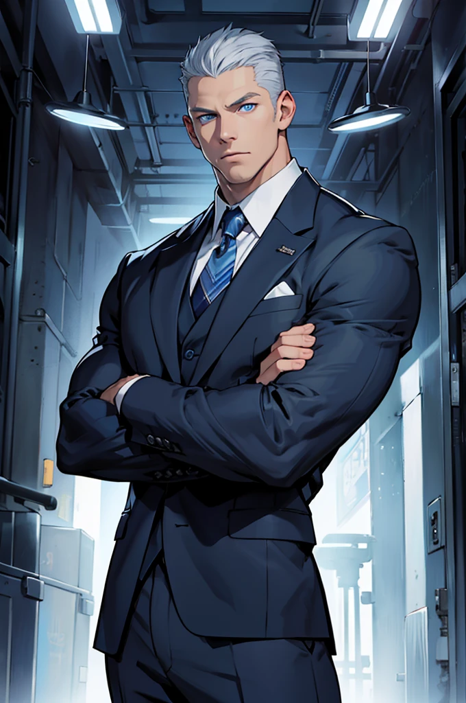 Drawing of a young Chad, Dark blue suit,tie, White shirt,Pants, Looking at the camera, male,Silver short hair,Blue Eyeuscle,bodyguard