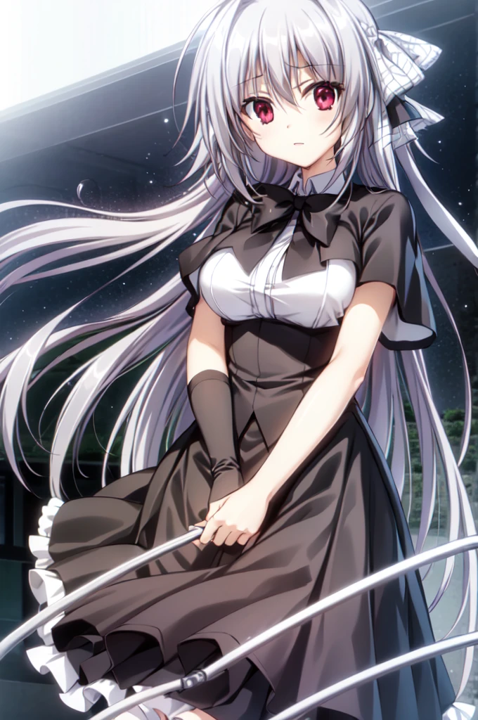 best quality, masterpiece, highres, solo, {Iris Freyja (Juuou Mujin no Fafnir):1.15}, long_hair, silver_hair, red eyes, , 1girl, school_uniform, frills, bow