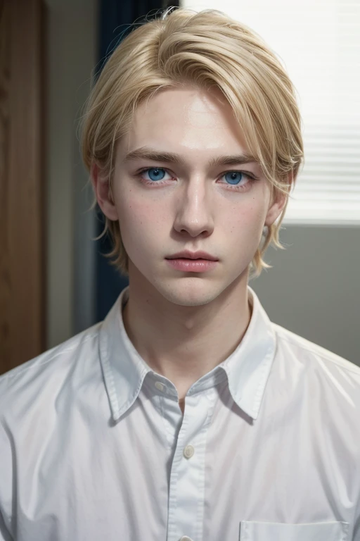 A tall boy with blonde hair, big blue eyes, a small nose, broad shoulders, a white button-down shirt, short, straight hair, half pink tips, and bangs on his forehead on his right side.