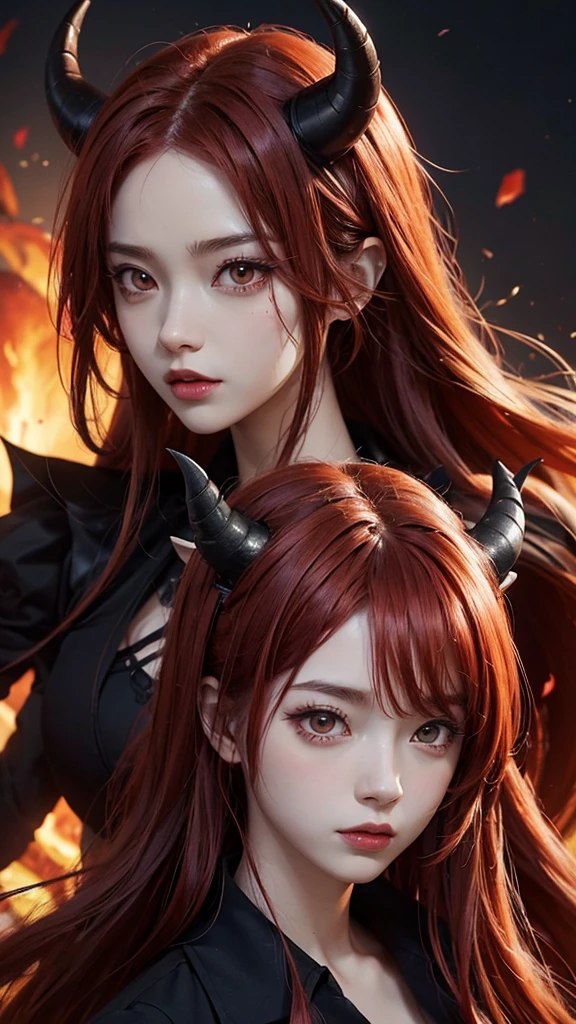 The image is an illustration of a character with distinctive anime-style features. The character has red hair with two black horns protruding from his head., suggesting a demon appearance. She's wearing a black sports bra and jean shorts., with a green and yellow jacket unbuttoned and hanging loosely from his shoulders. The character also has a tail with a sharp tip that matches the horns., reinforcing the demonic theme. The character's musculature is remarkably marked, and he is posing with one hand pulling his jacket and the other on his hip, showing a confident and somewhat defiant attitude. The background is simple and does not provide any additional context.