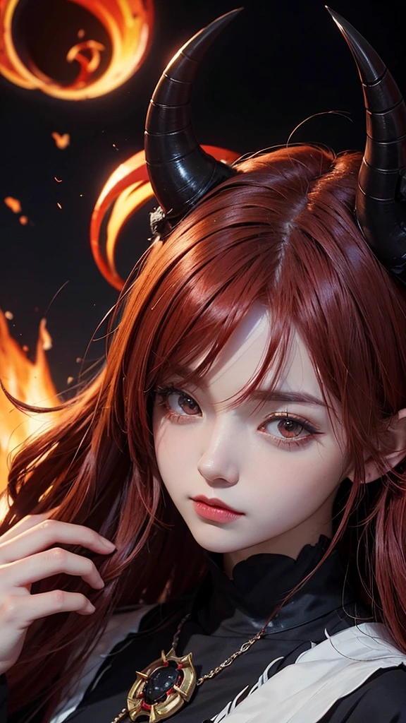 The image is an illustration of a character with distinctive anime-style features. The character has red hair with two black horns protruding from his head., suggesting a demon appearance. She&#39;s wearing a black sports bra and jean shorts., with a green and yellow jacket unbuttoned and hanging loosely from his shoulders. The character also has a tail with a sharp tip that matches the horns., reinforcing the demonic theme. The character&#39;s musculature is remarkably marked, and he is posing with one hand pulling his jacket and the other on his hip, showing a confident and somewhat defiant attitude. The background is simple and does not provide any additional context.