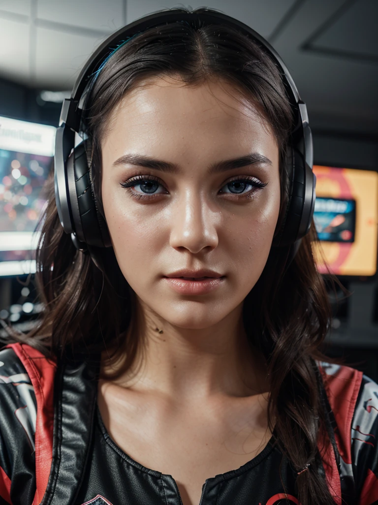 a beautiful woman gamer, 1 girl, beautiful detailed eyes, beautiful detailed lips, extremely detailed face and features, long eyelashes, elegant pose, gaming headset, gaming chair, gaming setup, complex background, vibrant colors, cinematic lighting, photorealistic, 8k, high quality, intricate details, digital art