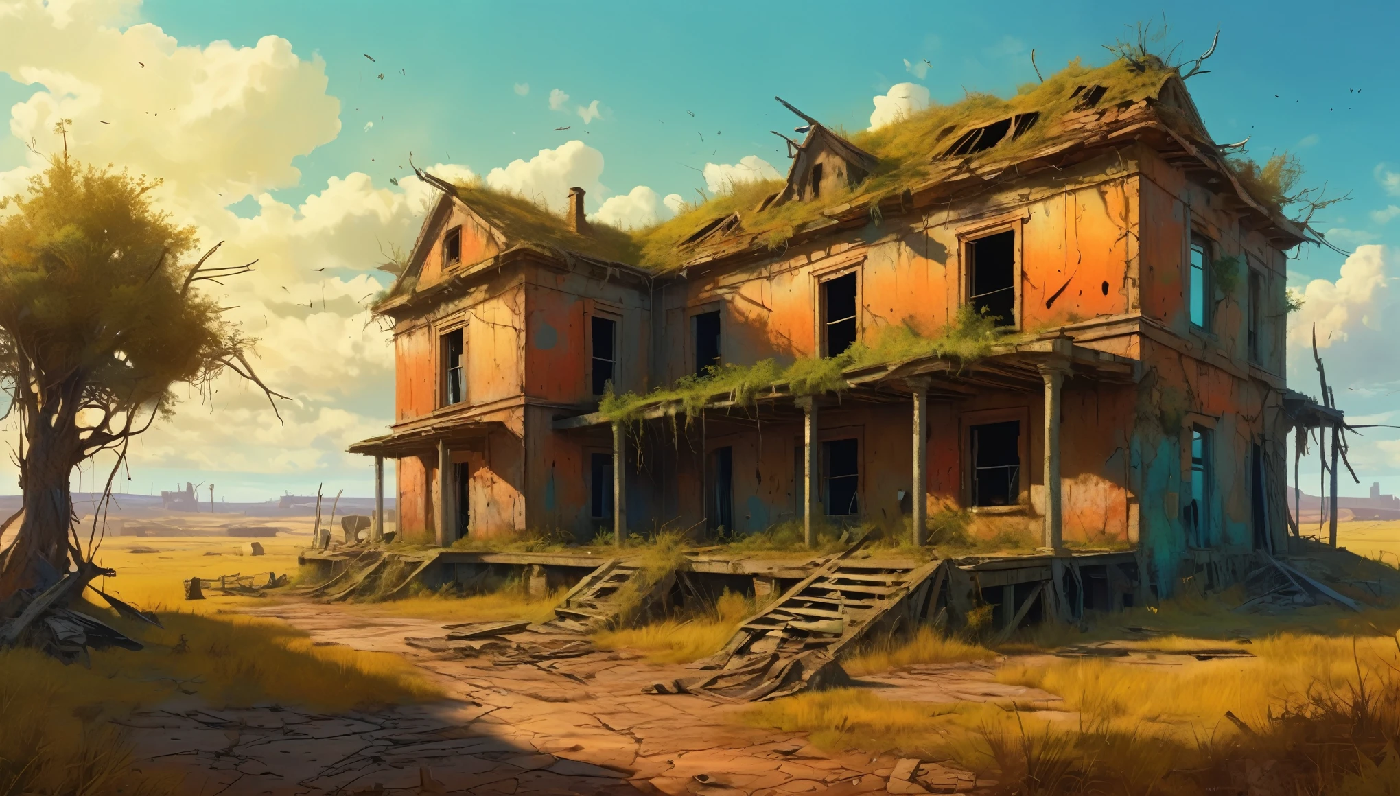 A post-apocalyptic version of the farmhouse with dilapidated structures, overgrown vegetation, and a desolate atmosphere. Style of Zdzislaw Beksinski. Hyper realistic photo, vibrant colors, 16k