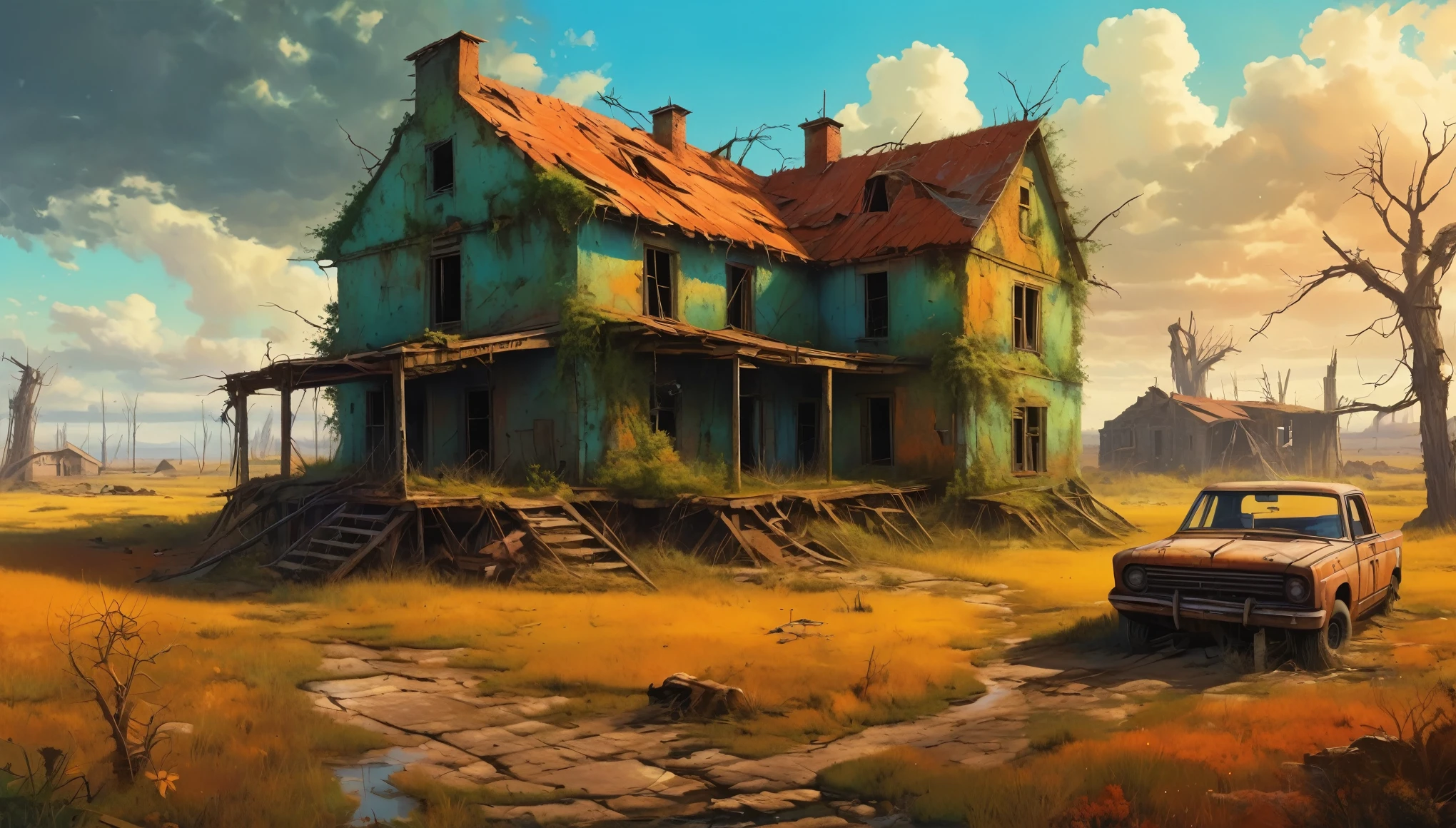 A post-apocalyptic version of the farmhouse with dilapidated structures, overgrown vegetation, and a desolate atmosphere. Style of Zdzislaw Beksinski. Hyper realistic photo, vibrant colors, 16k
