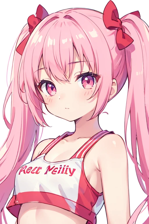 (best quality, masterpiece:1.2), ultra detailed, extremely detailed eyes and face, natural skin texture, detailed skin, natural lighting,
chibi, 1 girl, 14-years-old, (cute),
twin tails, pink hair, shiny hair,
pink eyes,
small breasts,
BREAK cheerleader, white and red crop top, white and red sleeveless shirt,
white background, upper body,
