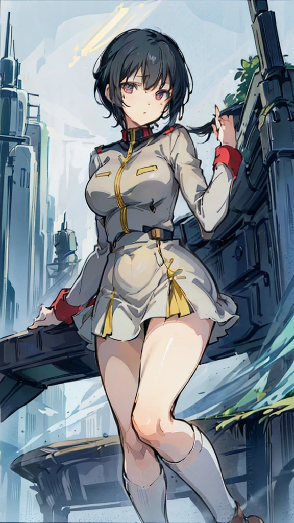 1 girl、Beautiful female officer of the Earth Federation Army、short black hair，Idol-level cuteness、Accurately draw faces、plump figure，Large Breasts、Healthy Thighs Short Skirt Earth Federation Army、knee height、Battleship bridge interior、anatomically correct、Precise fingers、Precise leaf stone carving、Photoreal，Sunlight