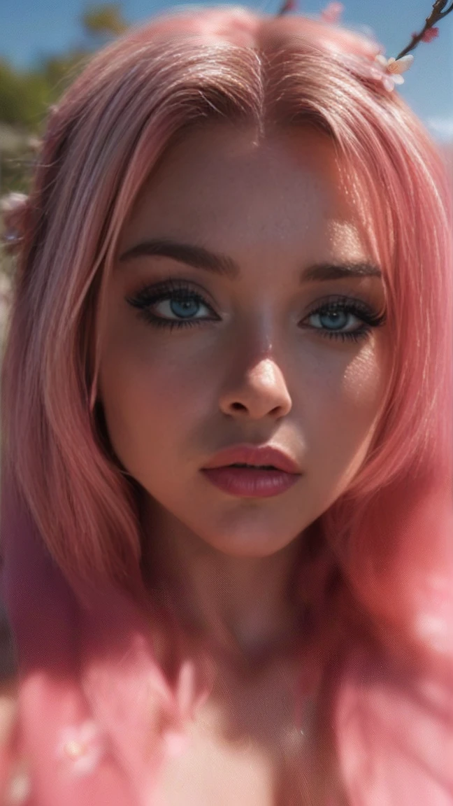 (((Ultra-realistic))), (Artistic achievement), (ultra-detailed face and eyes: 1.4), 1 girl, (blond) , (Kale) , (pretty long hair) , wavy hair, detailedeyes, (large and detailed lipmakeup, (natural breasts). (((She lies to any sakura flower out there, from above view, close up, Close to the camera)) , pink atmosphere frame, (ultra detaild)