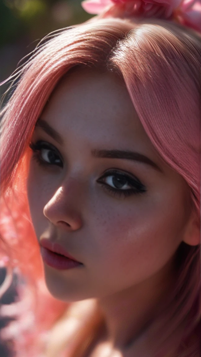 (((Ultra-realistic))), (Artistic achievement), (ultra-detailed face and eyes: 1.4), 1 girl, (blond) , (Kale) , (pretty long hair) , wavy hair, detailedeyes, (large and detailed lipmakeup, (natural breasts). (((She lies to any sakura flower out there, from above view, close up, Close to the camera)) , pink atmosphere frame, (ultra detaild)