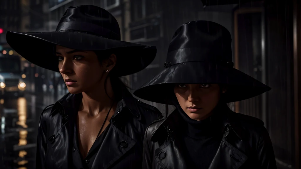 "A lone woman, dressed in a dark trench coat and a wide-brimmed hat, walks briskly through the rain-soaked streets. She occasionally glances over her shoulder, her expression tense and alert. The camera zooms in on her face, revealing her determined yet worried eyes."
