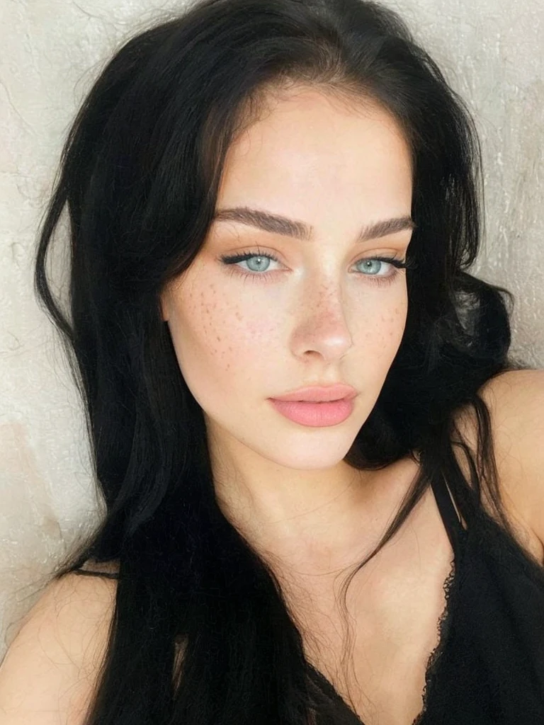 19 year old girl, realistic photo of a young white woman, selfie, perfect figure. Vantablack black hair styled loosely parted in the middle, ice blue eyes, pale skin, freckles. She wore an elegant tight-fitting long-sleeved blouse. Natural lighting, Masterpiece, Highly detailed, realistic skin texture, smooth complexion, natural looking hair, Vivid color, Raw photo, Best quality, High resolution, Award-winning photography, Intricate details, Picture fill, Sharp focus, 1080p, 8k, Natural, Looking at the camera