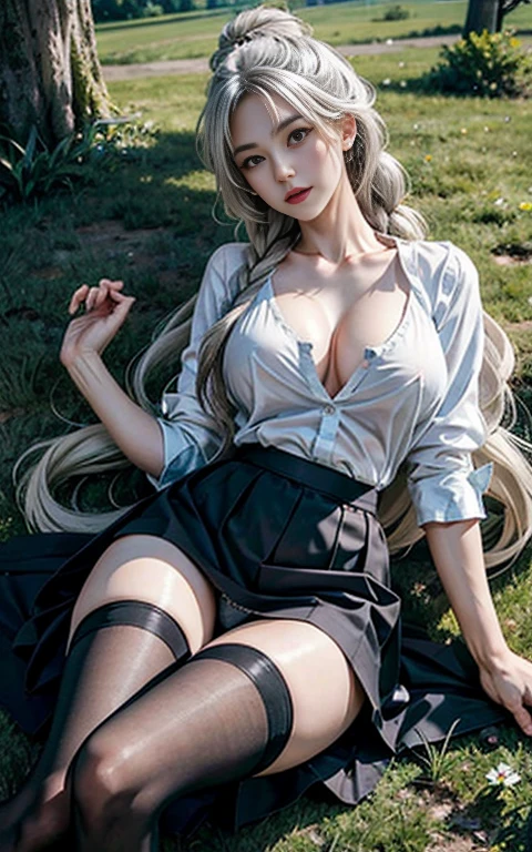 Reality, high resolution, Soft Light,1 Woman, Solitary, Hips up, View Viewer, (Delicate face), big long hair，Bun hairstyle，braid, lying on the grass, Looking from the bottom up, I found panties, See panties, secretary_white summer shirt, Black skirt, Pantyhose, Point on chest、Penetrating breasts、Showing nipples