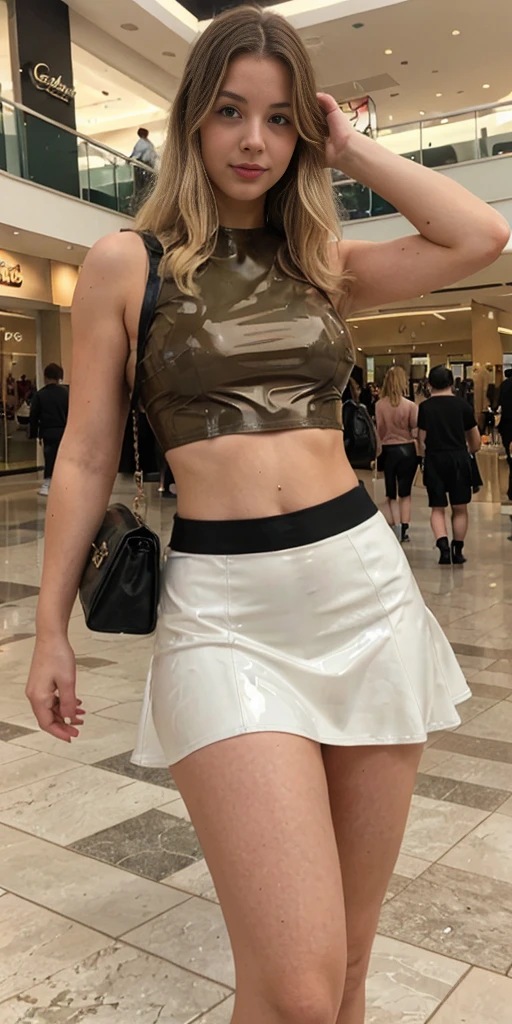 Realistic amateur photo posted to , Young Female ,mall, 20-year-old, (upper_body),(( blonde )), sleeveless, medium breasts, realistic,( latex shirt, latex skirt)