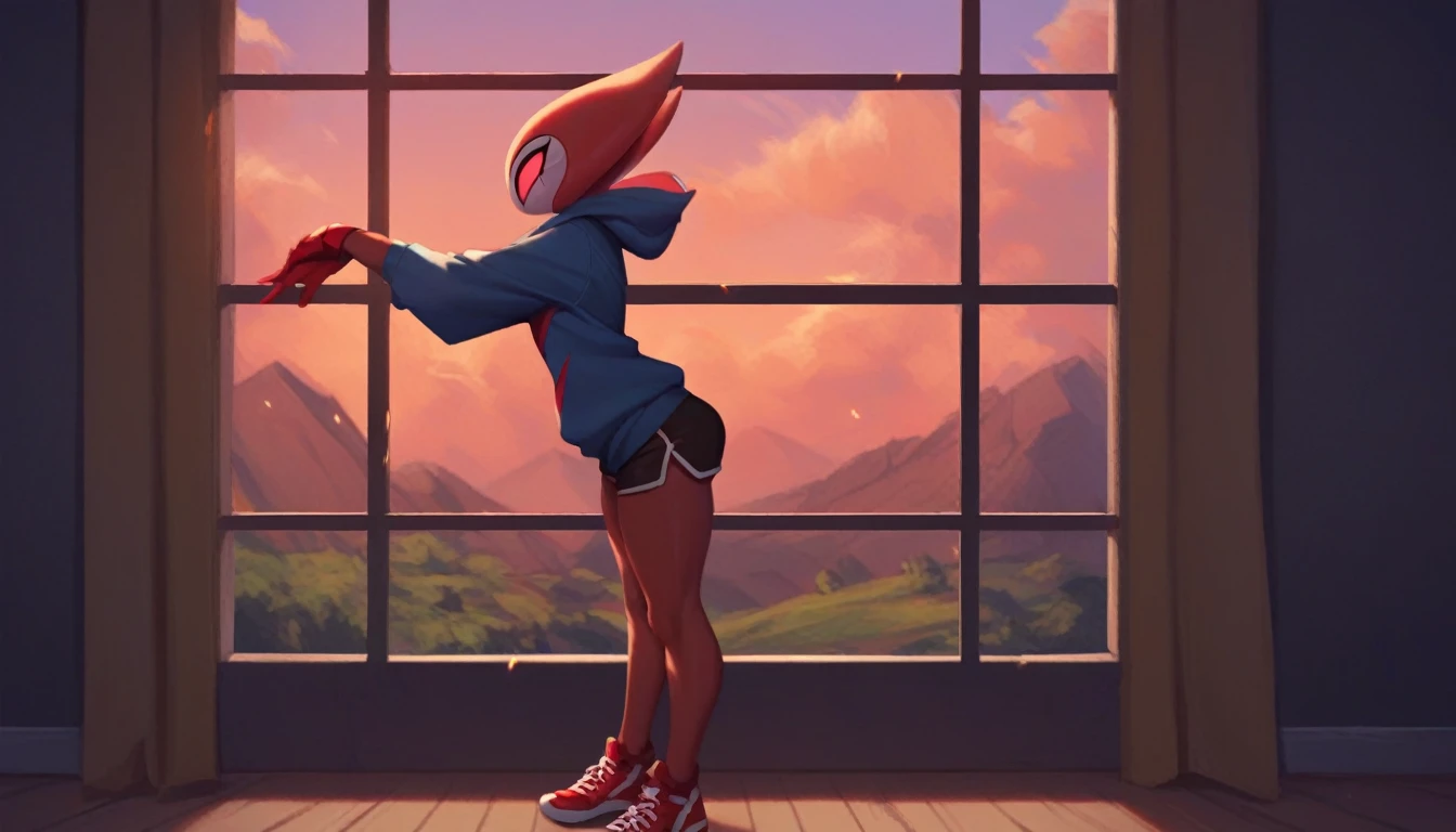 score_9, score_8_up, score_7_up, score_6_up, zPDXL2, grimm \(hollow knight\), vampire, bat, 1boy, solo, cute face, detailed eyes, anthro, near the window, landscape, looking at the viewer, highlight thighs, medium shot portrait, curvy body, red sports gloves, sneakers, profile picture, blue hooded sweatshirt, shorts, 