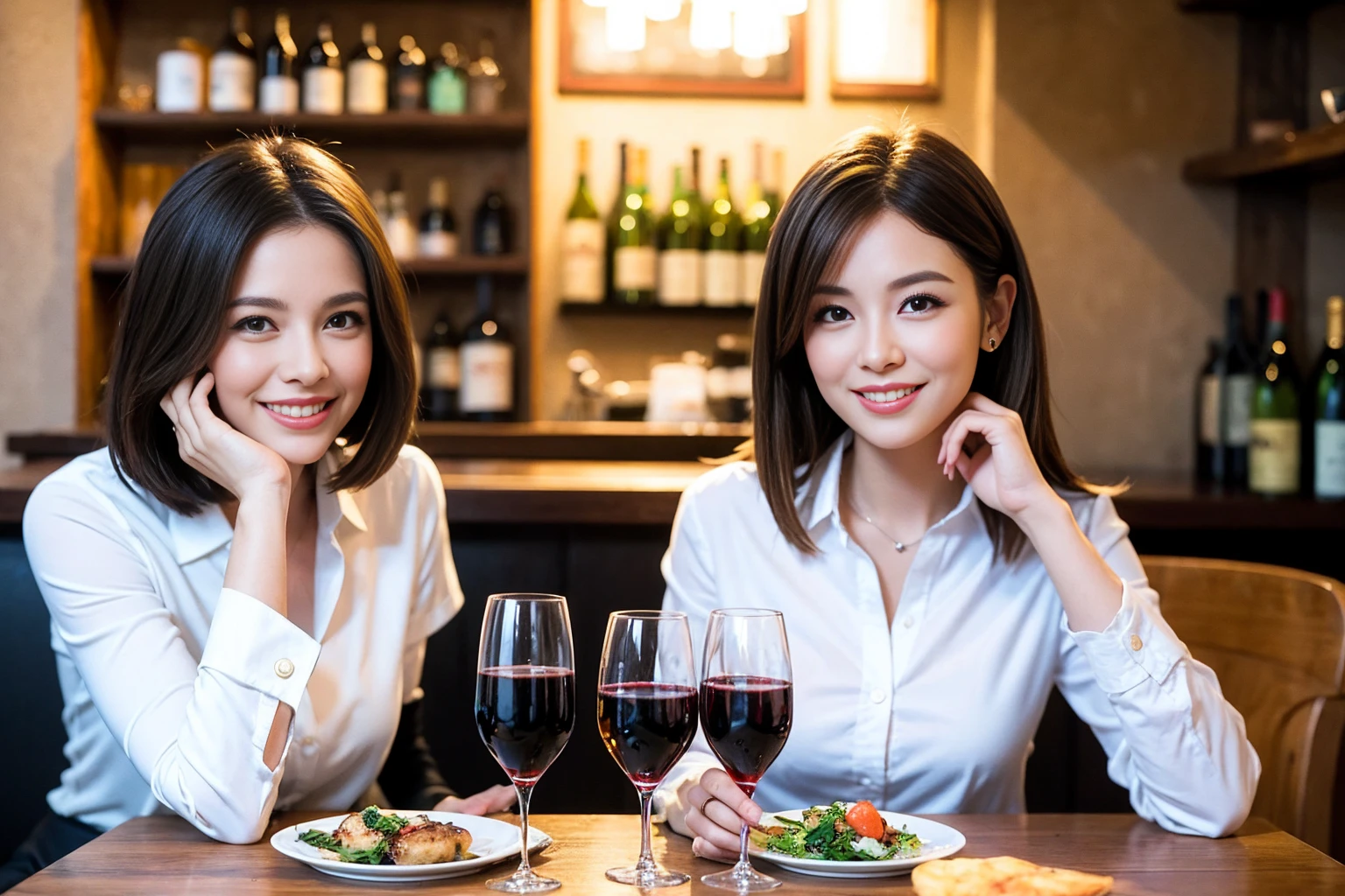((Highest quality、8K、masterpiece:1.3))、1 male、1 female、spouse、Beautiful couple、Smile、full-course dinner、 (Slim face), (the body is スリム), (Brown Hair), (Shortcuts), ((Bob Hale、Straight hair:1.2)), テーブルの上のwine glass、Shine light on your face、 Amazing view of the sunset sky and clouds、The beauty of a smile、Bright image、Blushing, Shortcuts, (Age 35), 39 years old, Appetizers、Italian food、Wine bottle、Champagne、sparkling wine、Long sleeve shirt、dress、Attractive beauty、restaurant, Nova Frog Style, actress, model, Upper Body, White wine, red wine, wine glass,