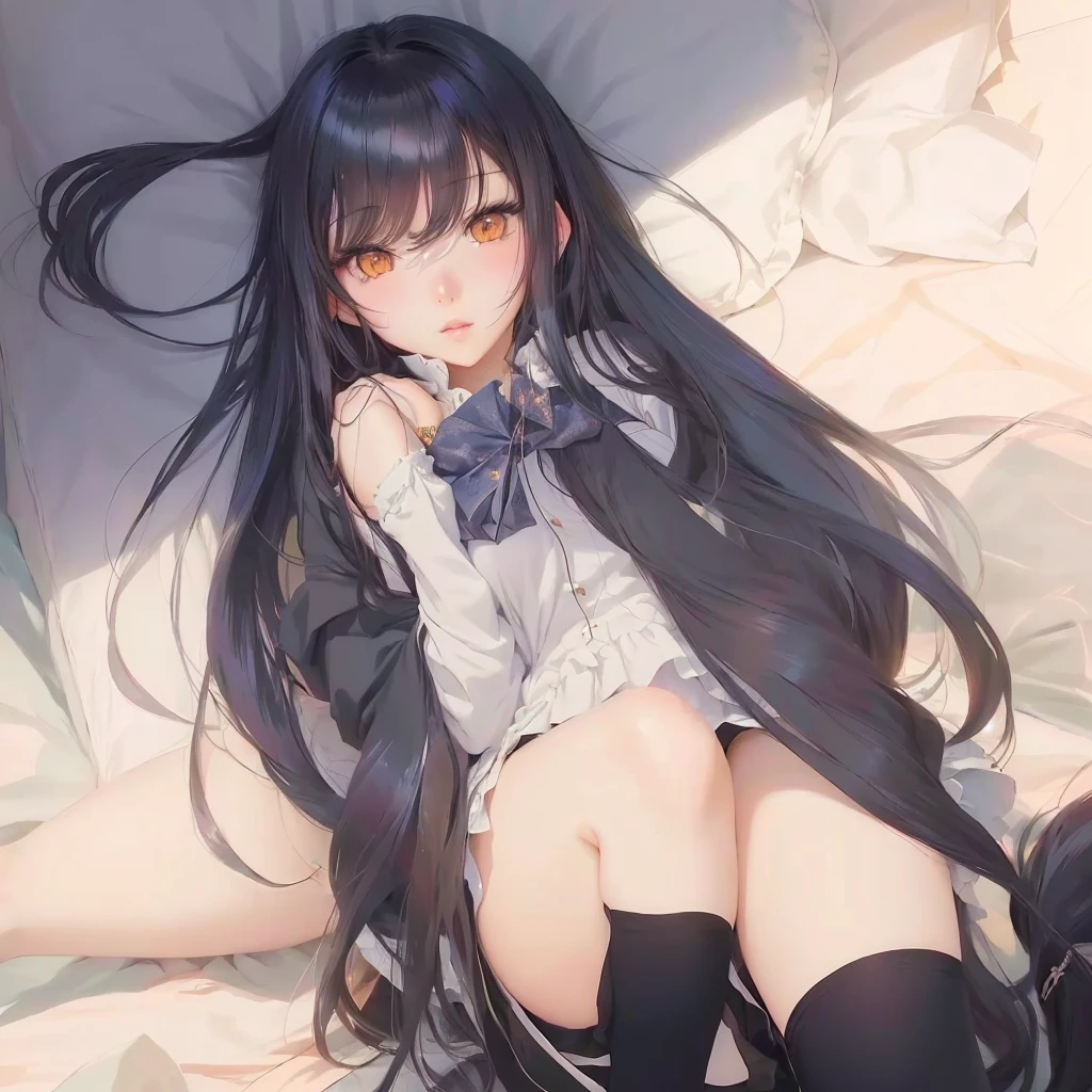 Anime Girls with long black hair laying on a bed, Cute girl anime visuals, (Anime Girls), cute Anime Girls, Anime Girls with long hair, an Anime Girls, Anime Girls, young Anime Girls, Anime Best Girl, beautiful Anime Girls, seductive Anime Girls, Anime Moe Art Style, pretty Anime Girls, Ilya Kuvshinov with long hair