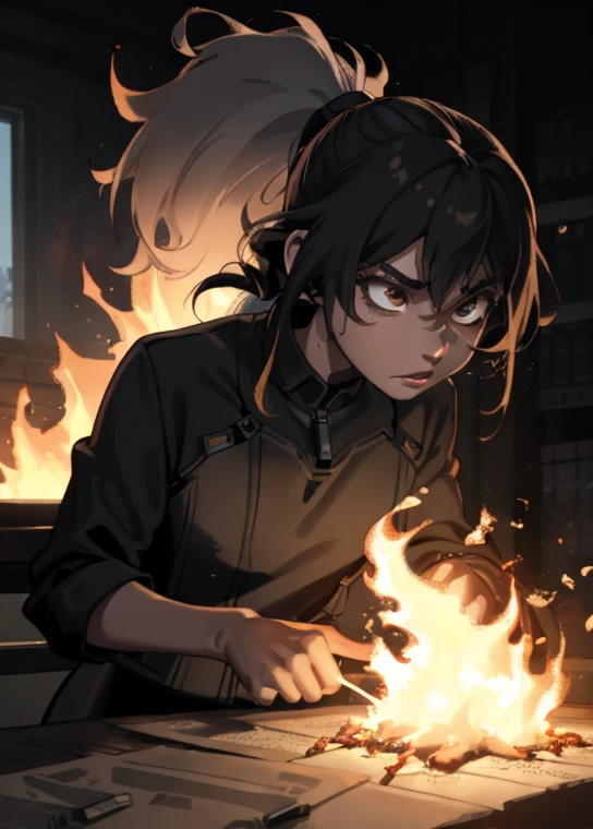 A mulatto with a scruffy girl look and black hair in a ponytail, fire, black shirt, Flames, amazing, Digital board, Concept art, Intense focus, clarification  