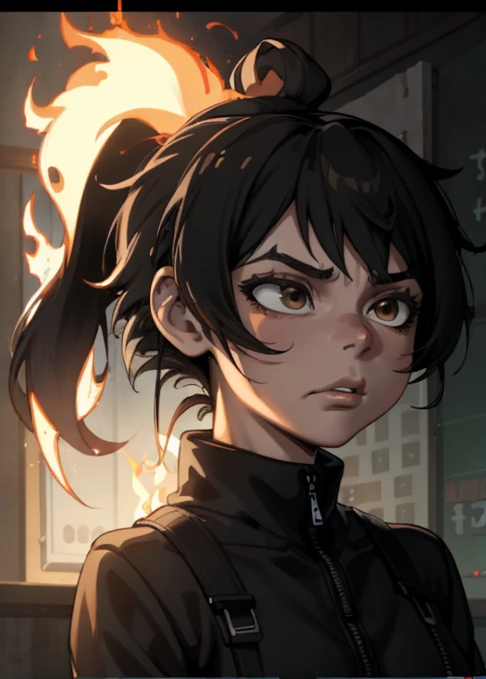 A mulatto with a scruffy girl look and black hair in a ponytail, fire, black shirt, Flames, amazing, Digital board, Concept art, Intense focus, clarification  