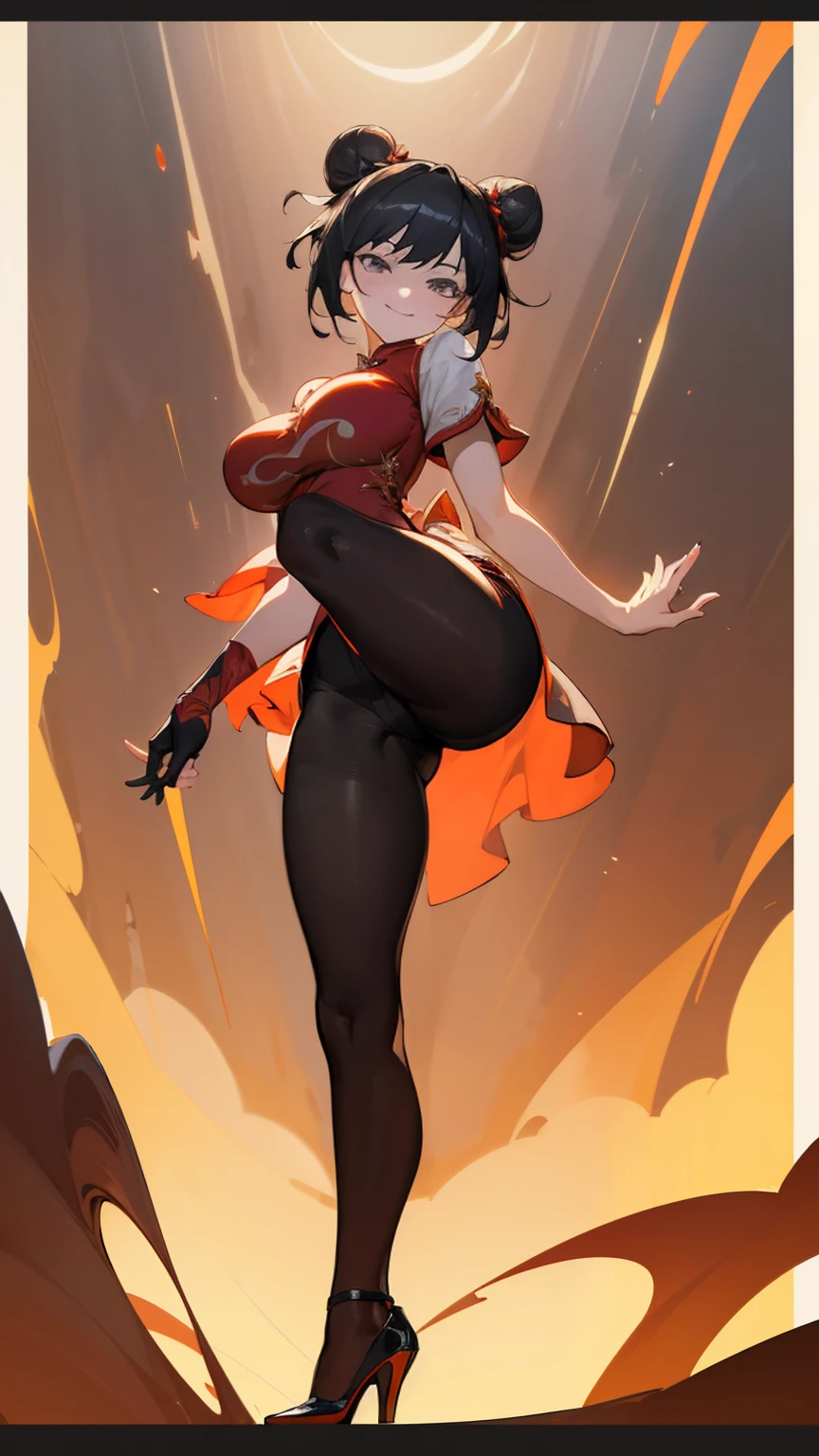 masterpiece, masterpiece,best quality,official art,extremely detailed CG unity 8k wallpaper, best quality, game_cg, girl, short hair, black hair, double_bun, smirk, grey eyes, large breasts, black pantyhose, high heels, fighting_stance, leg_lift,red High split cheongsam long