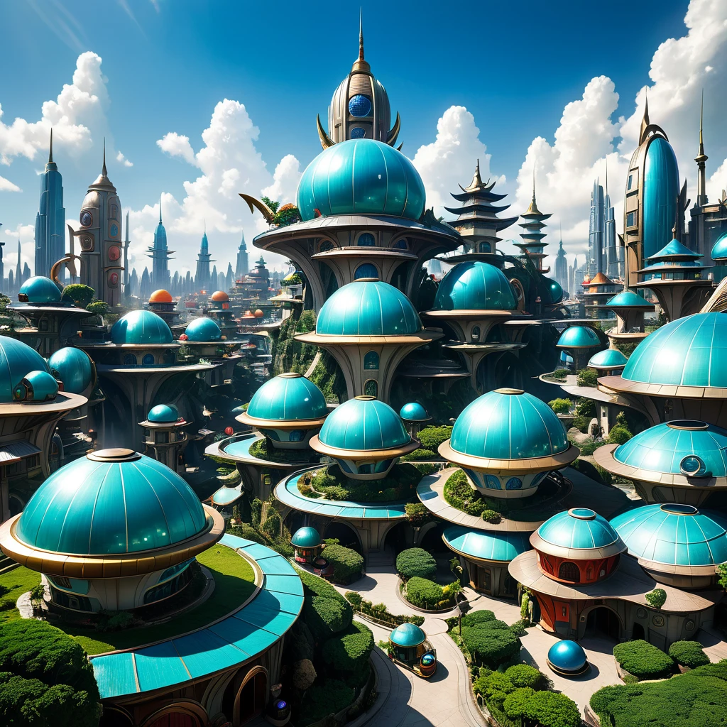 photograph of a fantasy, futuristic city with Dome-style buildings and houses or Dragon Ball-style houses, pains that stand out, primary and secondary