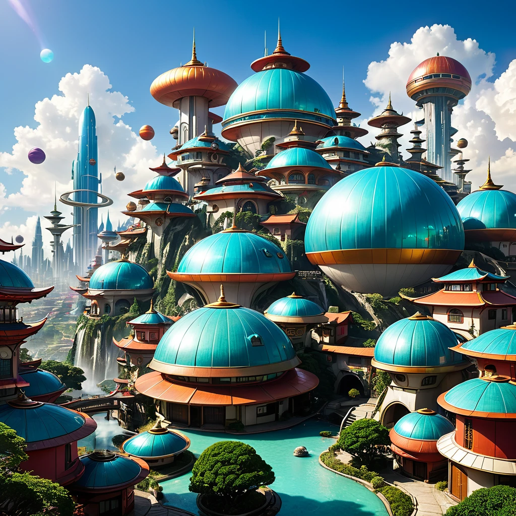 photograph of a fantasy, futuristic city with Dome-style buildings and houses or Dragon Ball-style houses, pains that stand out, primary and secondary
