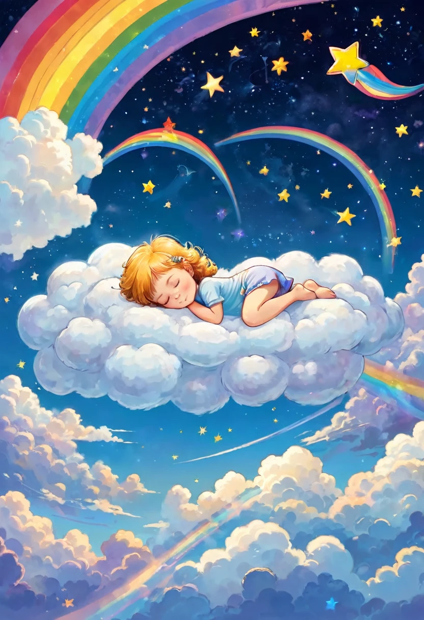 Angel sleeping on a fluffy cloud, sleep, boy and girl, happiness, outer space, rainbow, planet, shooting star