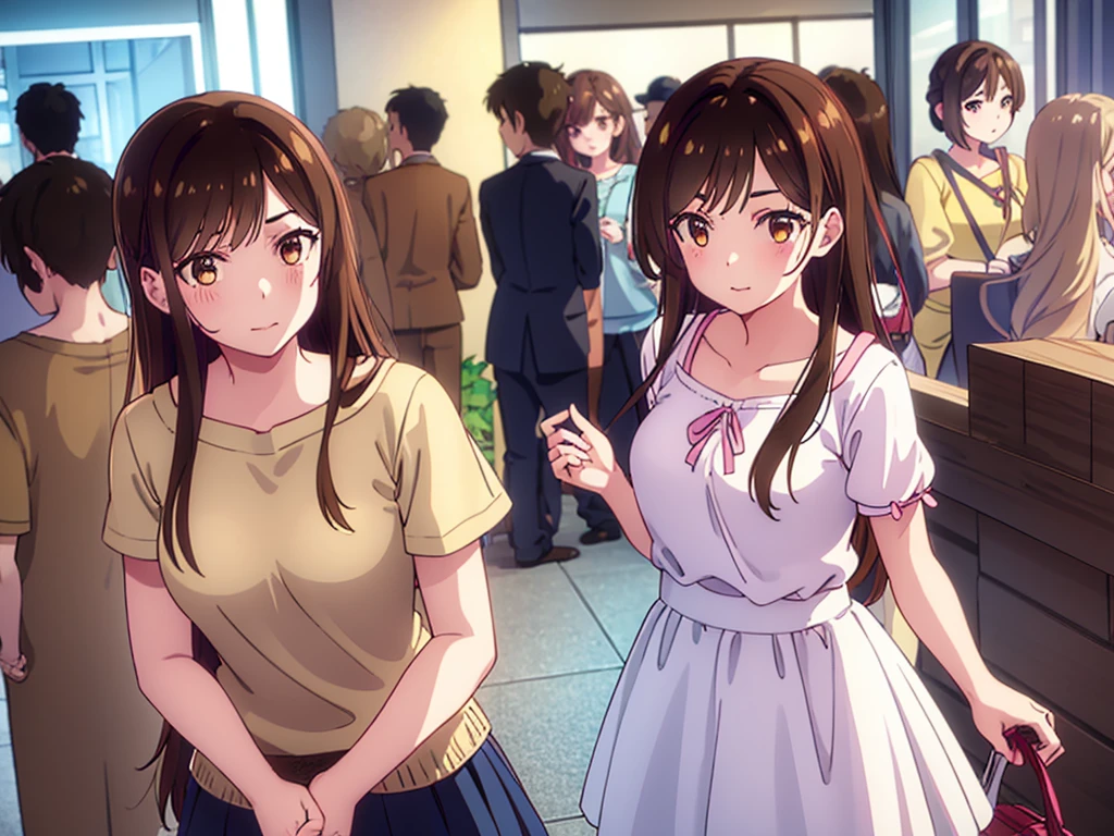 mizuharachizuru, chizuru ichinose, long hair, bangs, brown hair, (brown eyes:1.5), one side up, smile, clonealike, 5+girls, multiple identical girls, large breasts 
BREAK skirt, shirt, short sleeves, puffy sleeves, puffy short sleeves, white skirt, pink shirt, 
BREAK indoors, boutique shop, crowd, girls,
BREAK looking for bikini clothes, (cowboy shot:1.5),
BREAK (masterpiece:1.2), best quality, high resolution, unity 8k wallpaper, (illustration:0.8), (beautiful detailed eyes:1.6), extremely detailed face, perfect lighting, extremely detailed CG, (perfect hands, perfect anatomy),