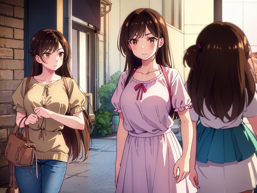 mizuharachizuru, chizuru ichinose, long hair, bangs, brown hair, (brown eyes:1.5), one side up, smile, clonealike, 5+girls, multiple identical girls, large breasts 
BREAK skirt, shirt, short sleeves, puffy sleeves, puffy short sleeves, white skirt, pink shirt, 
BREAK indoors, boutique shop, crowd, girls,
BREAK looking for bikini clothes, (cowboy shot:1.5),
BREAK (masterpiece:1.2), best quality, high resolution, unity 8k wallpaper, (illustration:0.8), (beautiful detailed eyes:1.6), extremely detailed face, perfect lighting, extremely detailed CG, (perfect hands, perfect anatomy),