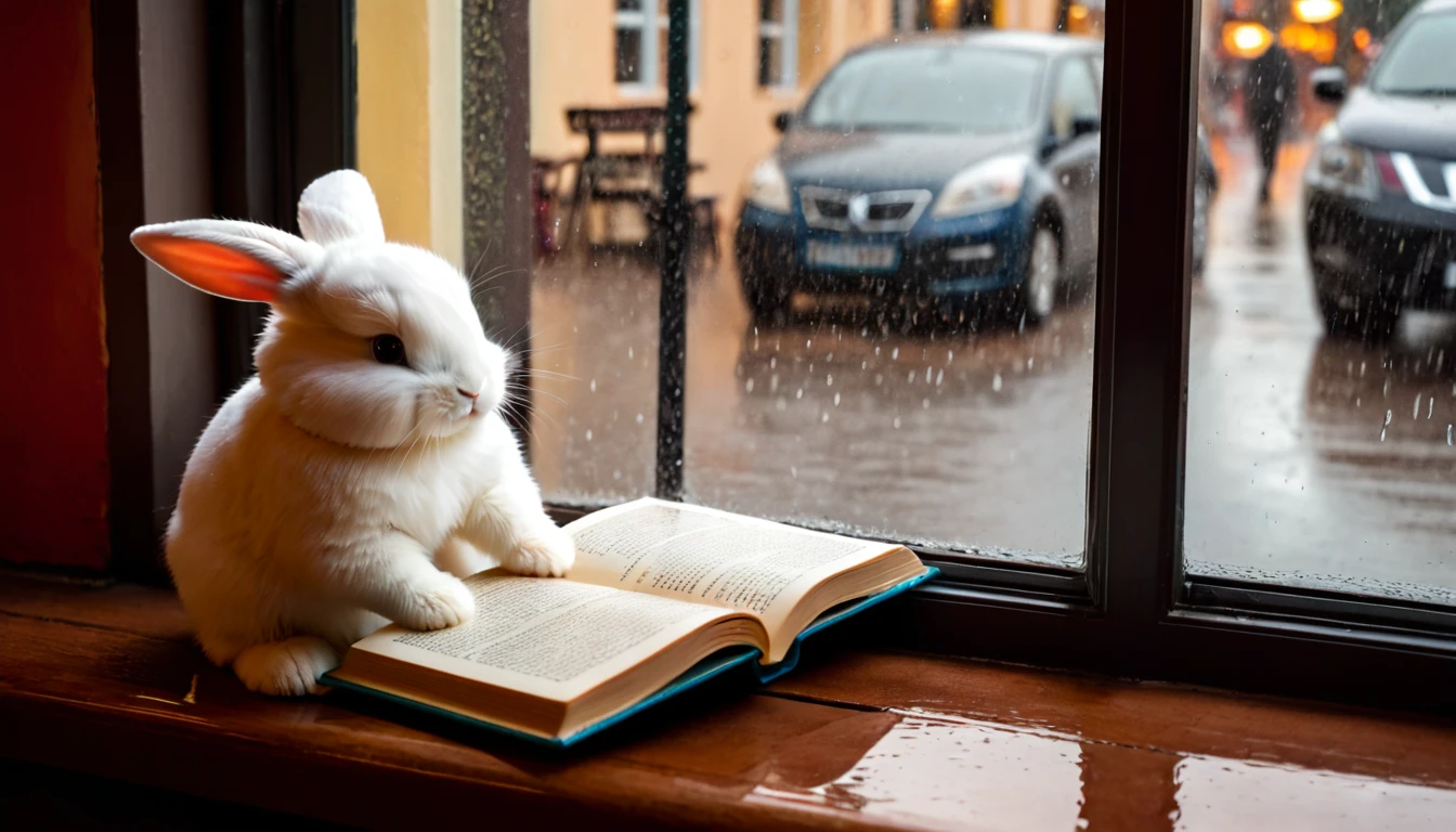 It's raining outside. A scene from a cafe with a warm atmosphere. An anthropomorphized baby rabbit is reading a book while drinking hot chocolate at a window seat. The warm light and calm expression are impressive.