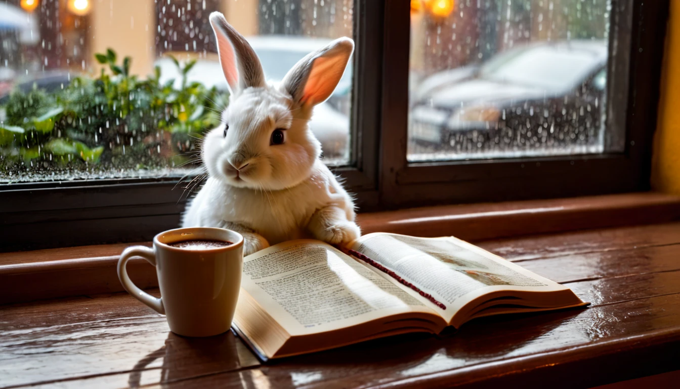 It's raining outside. A scene from a cafe with a warm atmosphere. An anthropomorphized baby rabbit is reading a book while drinking hot chocolate at a window seat. The warm light and calm expression are impressive.