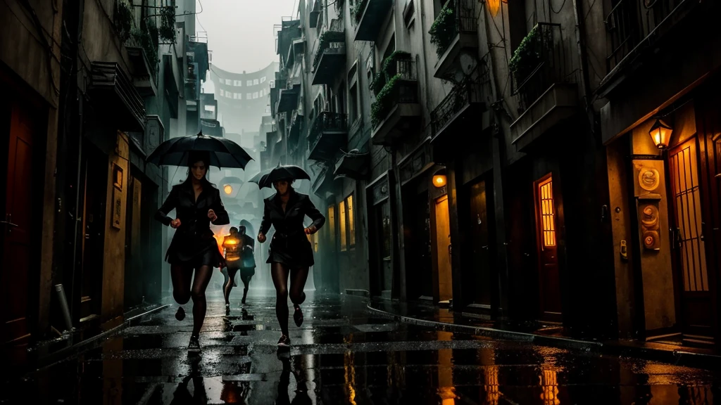 "Suddenly, the woman senses danger and starts to run. Shadowy figures emerge from the alleys, chasing her through the labyrinthine streets of Shanghai. The rain continues to pour, making the pursuit more dramatic as they dodge pedestrians and leap over obstacles."