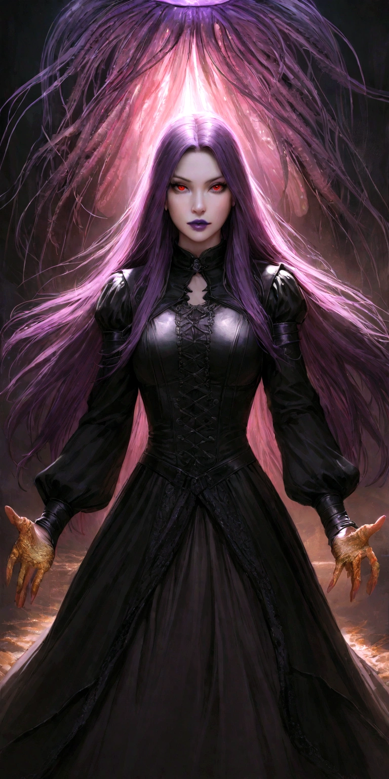 Woman, jellyfish, (feudal middle age:1.1), Slavic appearance, (long straight purple hair gradient pro red), (red eyes), (strong expression look), purple lipstick, fair skin, (black color gothic clothes with red details:1.1), yellow scales on the hands, cinematic lighting, mystical atmosphere, dynamic focus, ultra reality, ultra realistic, ultra quality, real, real texture:1.1, realistic clothes:1.1, 8k insaneres, absurd,