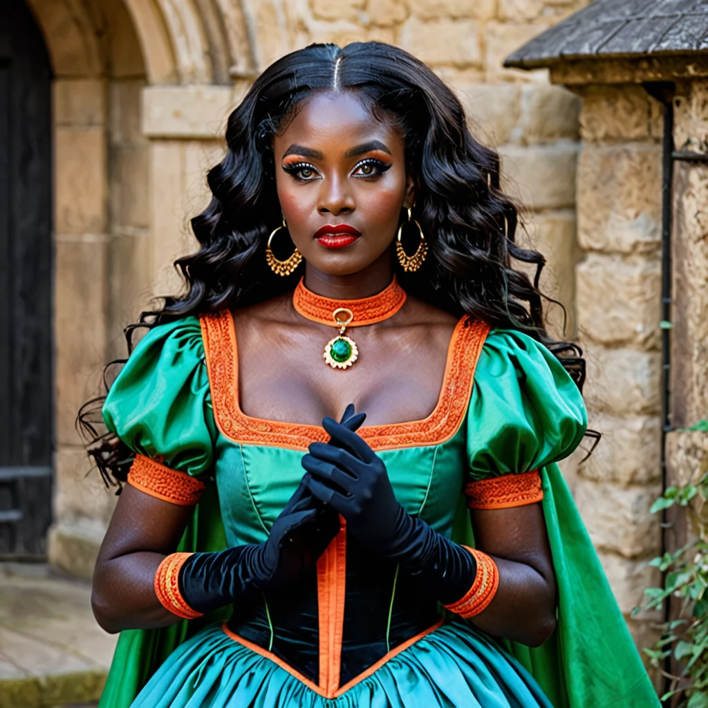 dark skin woman, with orange eyes, green and blue middle era dress, with long wavy black hair, short black gloves on hands, a red ring on her finger, lips a little wide, golden hoops in her ears