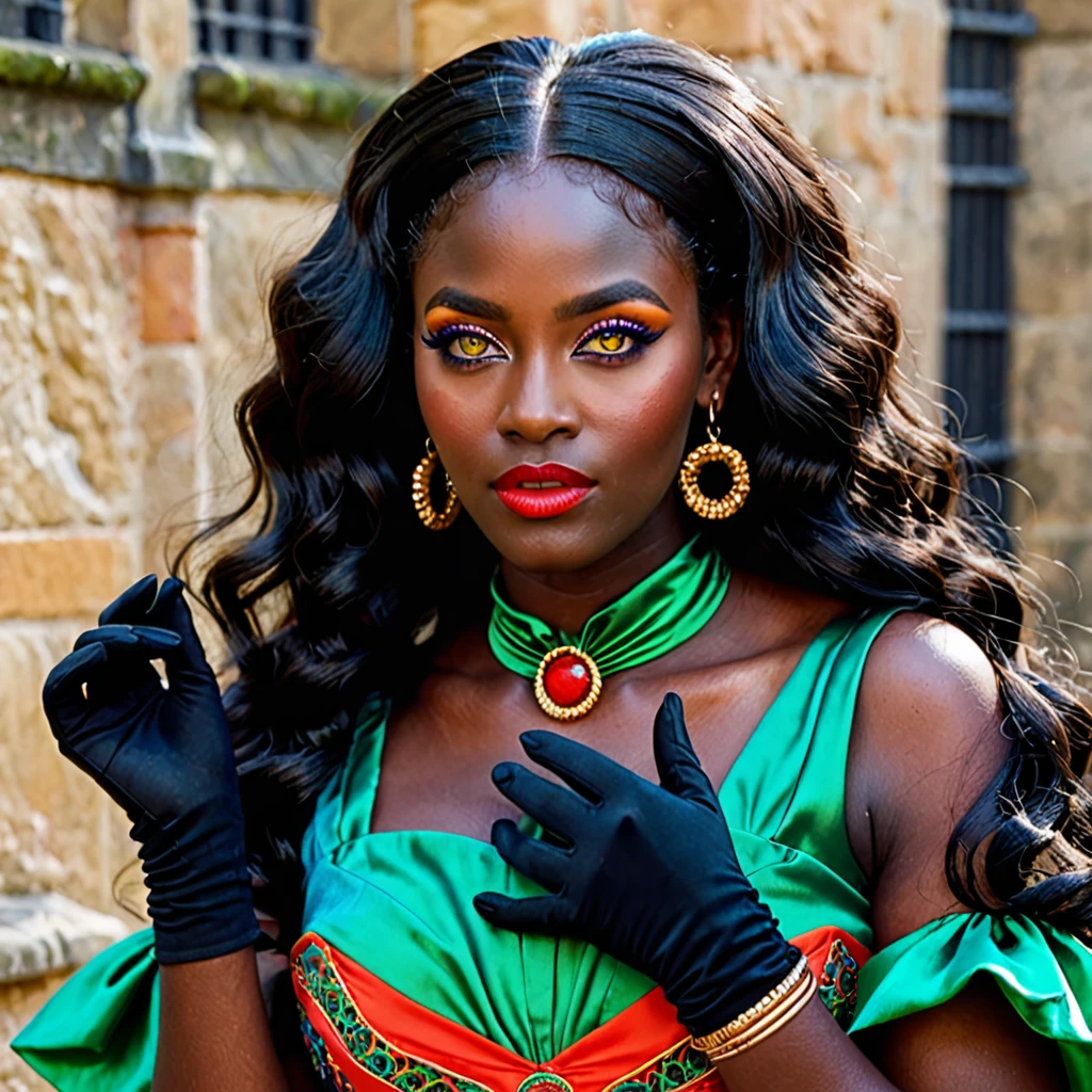 dark skin woman, with orange eyes, green and blue middle era dress, with long wavy black hair, short black gloves on hands, a red ring on her finger, lips a little wide, golden hoops in her ears
