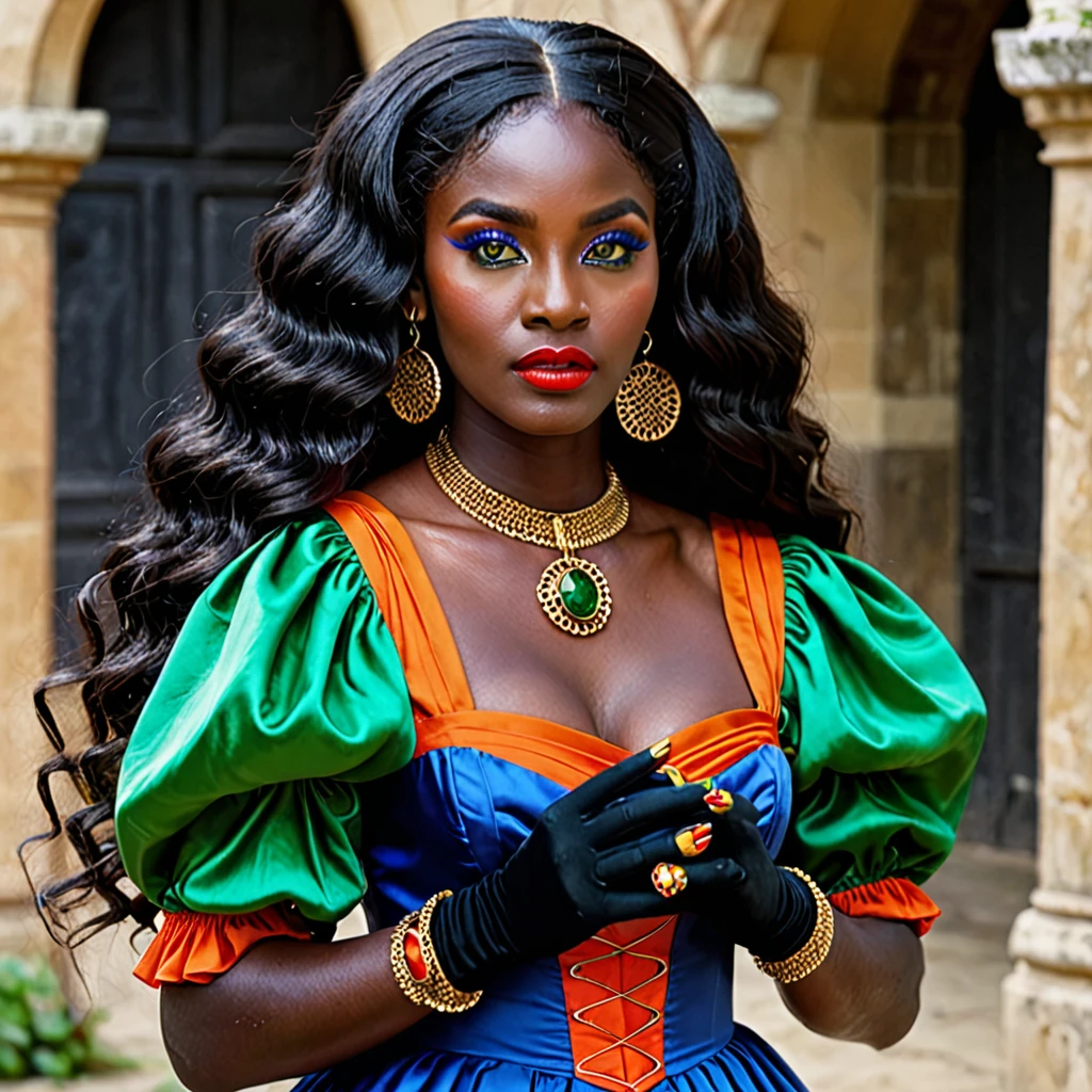 dark skin woman, with orange eyes, green and blue middle era dress, with long wavy black hair, short black gloves on hands, a red ring on her finger, lips a little wide, golden hoops in her ears