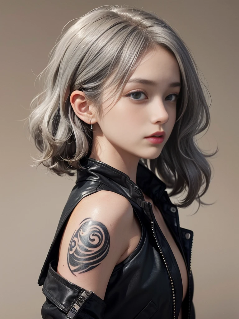 (((masterpiece)), ((best quality)), (ultra-detailed), ((extremely detailed)), 4K, (8K), best quality, a beautiful woman, (( gray hair)), ((curly bob cut)), hair in 7 thirds, light blue eyes, detailed skin, freckled skin, 20 years old, ((wavy hair)), ((hair over one ear)), ((Forehead)), ((1girl, solo)), from side, ((large tattoo on neck)), beautiful profile, looking away, beautiful neck, black jacket, jacket style, solid beige background