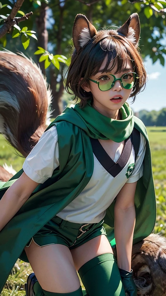 Chico, furry, blown squirrel ears, animal ear fluff, body skin, blown squirrel tail, green glasses, green club budget, Green scarf, salty green collar, green cloak, light green polo, short sleeves, green shorts, Green rubber gloves, green wellies, school, school bag