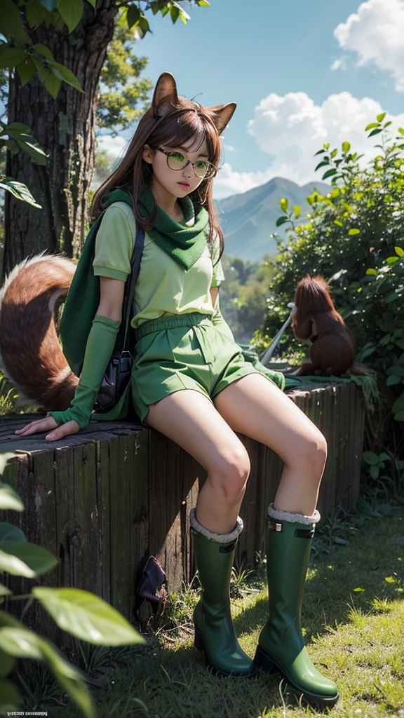 Chico, furry, blown squirrel ears, animal ear fluff, body skin, blown squirrel tail, green glasses, green club budget, Green scarf, salty green collar, green cloak, light green polo, short sleeves, green shorts, Green rubber gloves, green wellies, school, school bag