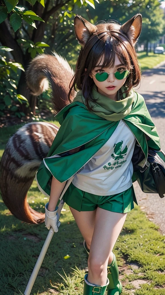 Chico, furry, blown squirrel ears, animal ear fluff, body skin, blown squirrel tail, green glasses, green club budget, Green scarf, salty green collar, green cloak, light green polo, short sleeves, green shorts, Green rubber gloves, green wellies, school, school bag