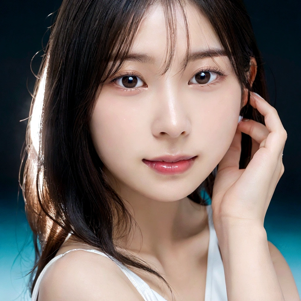 (8K, 4K, Best Quality, High Definition, Ultra High Definition: 1.1), (Masterpiece, Realistic, Photorealistic: 1.1), Solo, Japanese woman, H cup, cute, erotic, model's expression, gravure idol pose, white swimsuits, black straight hair, straight bangs, oval face, large round dark eyes, small well-shaped nose, small full lips, warm smile, thin neat eyebrows, clean and approachable aura,
