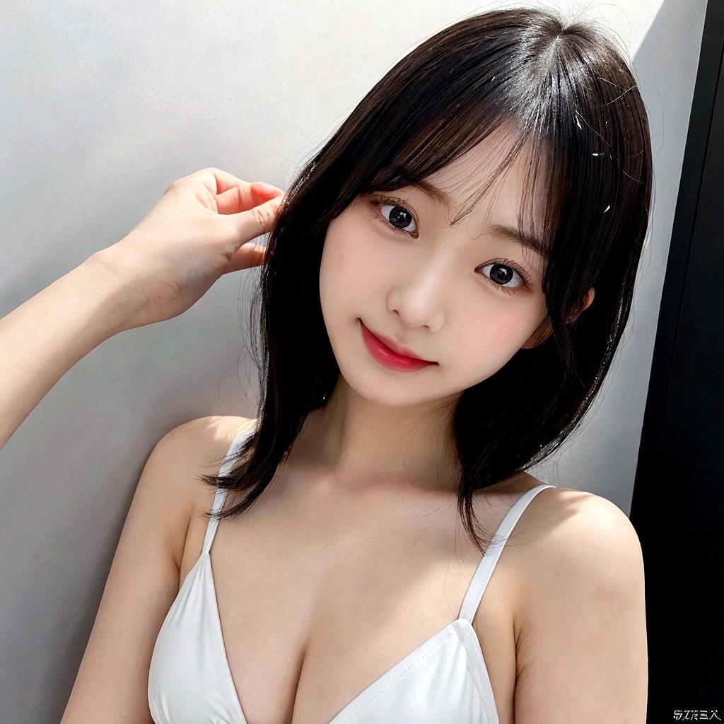 (8K, 4K, Best Quality, High Definition, Ultra High Definition: 1.1), (Masterpiece, Realistic, Photorealistic: 1.1), Solo, Japanese woman, H cup, cute, erotic, model's expression,  gravure idol pose, white swimsuits, black straight hair, straight bangs, oval face, large round dark eyes, small well-shaped nose, small full lips, warm smile, thin neat eyebrows, clean and approachable aura,