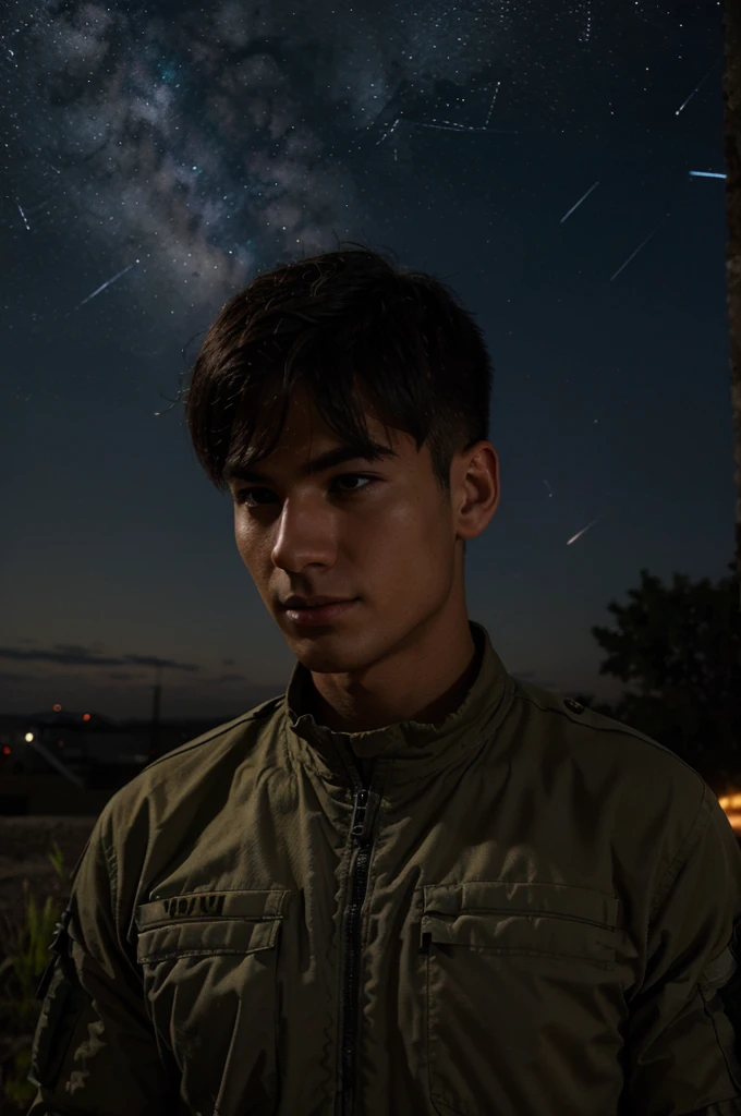 Draw a picture of a soldier looking at the stars in the night sky
