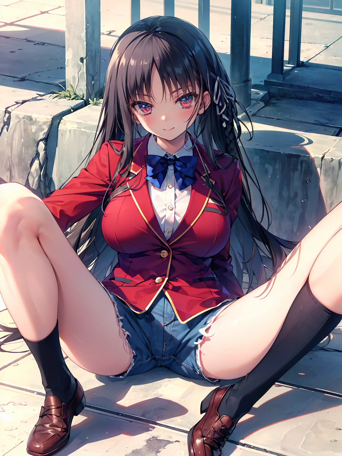 (8K, Highest quality, Highest quality, masterpiece), sit on the floor, (denim hot micro shorts), (shorts aside vulva peek), big breasts, ((spread legs 1:2)), smile, (fullbody), aasuzune, long hair, black hair, (single braid:1.2), hair ribbon, red jacket, blazer, blue bowtie, long sleeves, black thighhighs