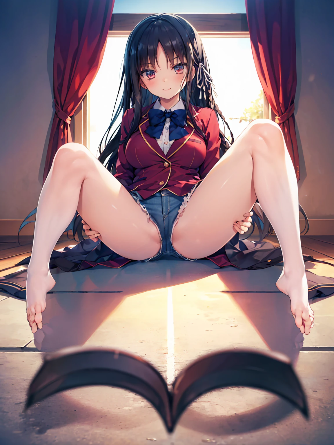 (8K, Highest quality, Highest quality, masterpiece), sit on the floor, (denim hot micro shorts), (shorts aside vulva peek), big breasts, ((spread legs 1:2)), smile, (fullbody), aasuzune, long hair, black hair, (single braid:1.2), hair ribbon, red jacket, blazer, blue bowtie, long sleeves, black thighhighs