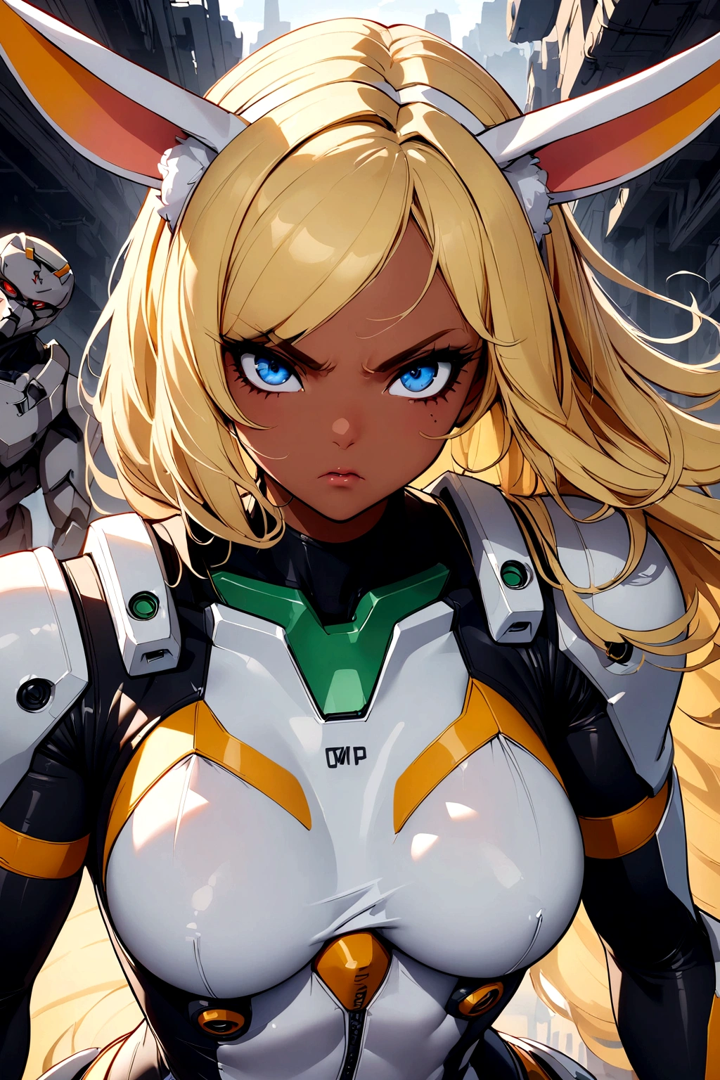 Mecha suit, Monster girl, bunny girl, voluptuos, dark skin, blonde hair, blue eyes, serious expression