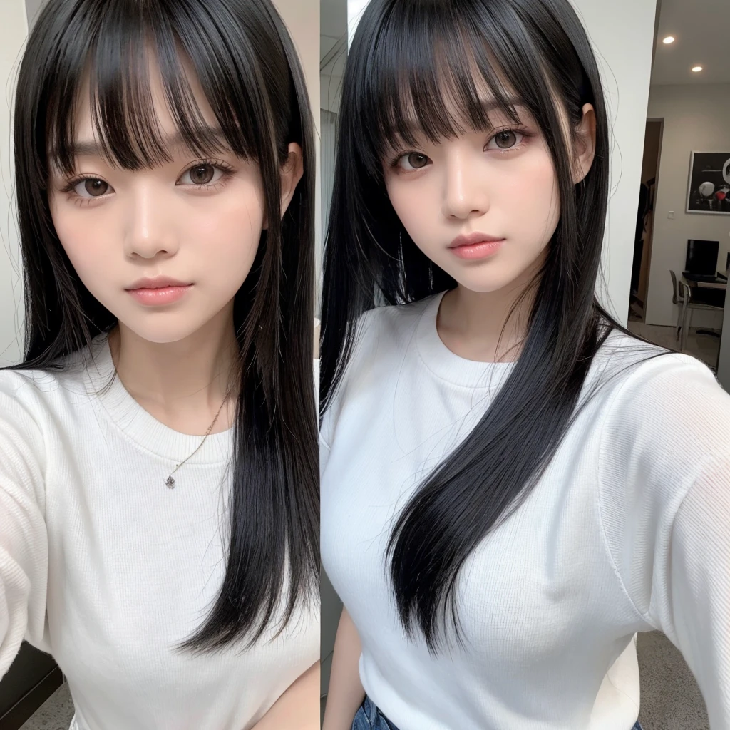 Black hair straight　With bangs　Selfie　White clothes