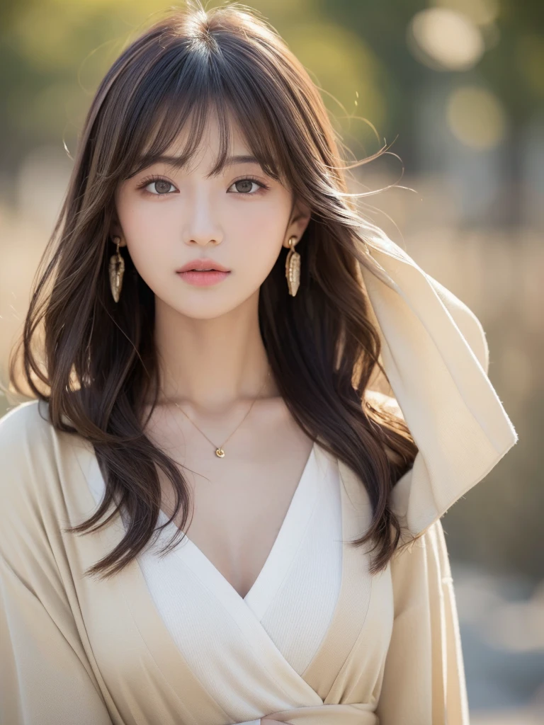 ((Highest quality, 8K, masterpiece:1.3)), concentrate: 1.2, Perfect body beauty: 1.4, Hips: 1.2, ((Long Hair, chest: 1.2)), (Dry clothes: 1.1) , (clear, Simple Background:1.3), Simple clothes: 1.1, Highly detailed face and skin texture,Delicate eyes, double eyelid, Whitened skin, Rough skin、Long Hair、Earrings with bangs、necklace、 solo、Beige coat、White shirt, (((Beautiful girl with cute Japan)))、 ((Beautiful Japanese girl 20 years old))、 ((Baby Face))、 (((Slender body)))、 Upper Body,Face focus、necklace,Simple Background,From above, Realistic Hair、 A photograph was taken:Canon EOS R6、135mm、1/1250 seconds、f2.8、ISO400、(Detailed explanation of the hand)、(Masseter muscle area)、(Exquisite CG)、Long Hair, loose and curly hair、Korean Hair、Long Hair明るいベージュ色、グラデーションハイライトグレージュのゆるふわLong Hairスタイル、