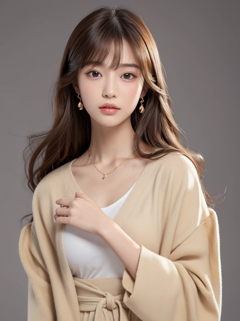 ((Highest quality, 8K, masterpiece:1.3)), concentrate: 1.2, Perfect body beauty: 1.4, Hips: 1.2, ((Long Hair, chest: 1.2)), (Dry clothes: 1.1) , (clear, Simple Background:1.3), Simple clothes: 1.1, Highly detailed face and skin texture,Delicate eyes, double eyelid, Whitened skin, Rough skin、Long Hair、Earrings with bangs、necklace、 solo、Beige coat、White shirt, (((Beautiful girl with cute Japan)))、 ((Beautiful Japanese girl 20 years old))、 ((Baby Face))、 (((Slender body)))、 Upper Body,Face focus、necklace,Simple Background,From above, Realistic Hair、 A photograph was taken:Canon EOS R6、135mm、1/1250 seconds、f2.8、ISO400、(Detailed explanation of the hand)、(Masseter muscle area)、(Exquisite CG)、Long Hair, loose and curly hair、Korean Hair、Long Hair明るいベージュ色、グラデーションハイライトグレージュのゆるふわLong Hairスタイル、